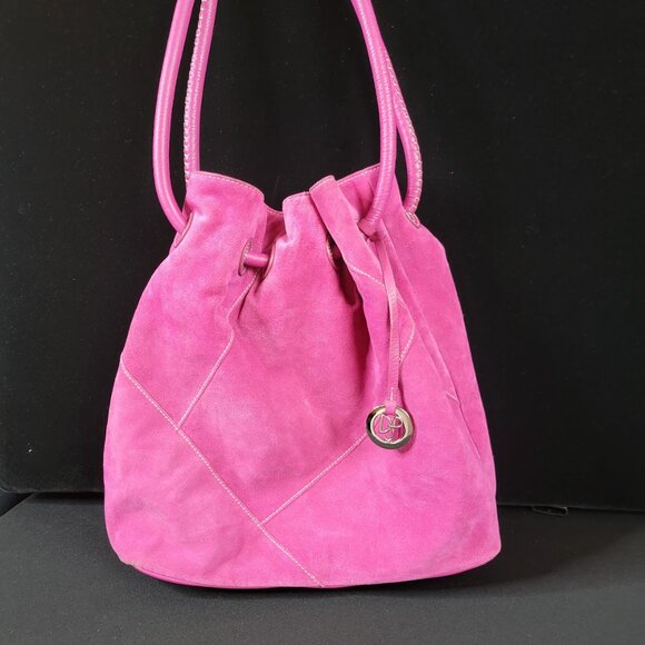 👜 Donald J Pliner Pink Faux Suede Drawstring Shoulder Bag - Picture 3 of 15